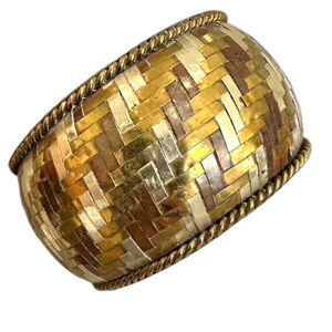 Vintage Tri Tone Brass Statement Bangle Bracelet - Braided Weave  8"